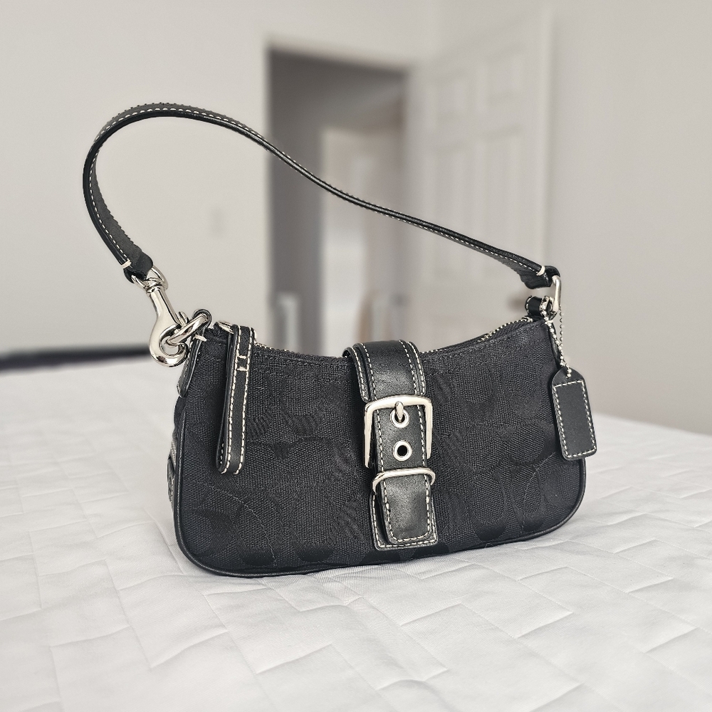 Vintage 2000s COACH Shoulder Pouchette Signature Canvas Black Silver Hardware